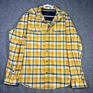 Swiss Tech Shirt Men XL 46-48 Plaid Yellow Blue Button Up Lightweight Stretch